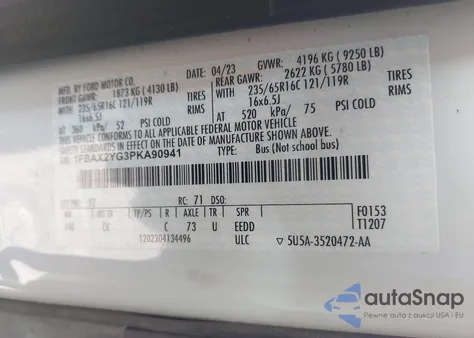 2023 Ford Transit-350 Passenger Van Xlt from USA, damaged, VIN 1FBAX2YG3PKA90941